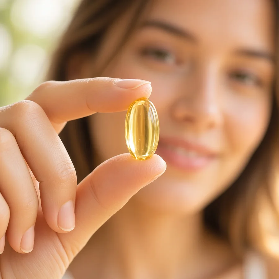 A woman holding a golden softgel