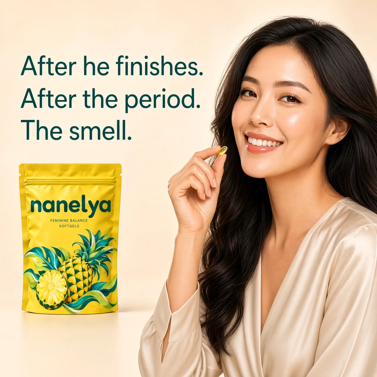 Woman holding a golden softgel beside the pouch