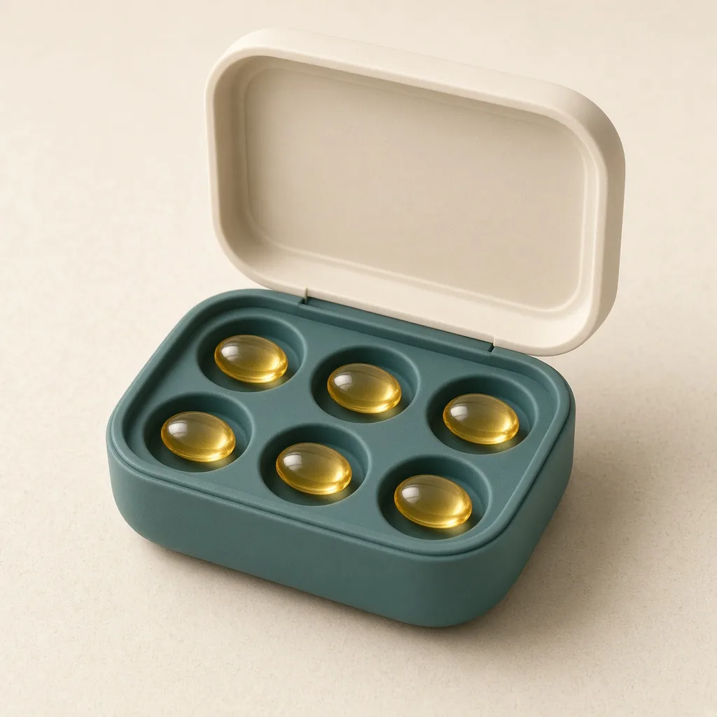 Open teal softgel case